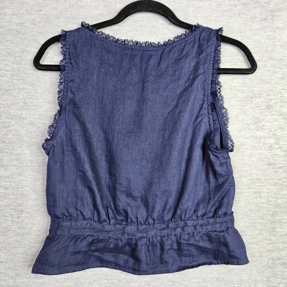 Reformation Women Sz 6 Blue Linen Eyelet Peplum Tank Top Button Front 100% Linen